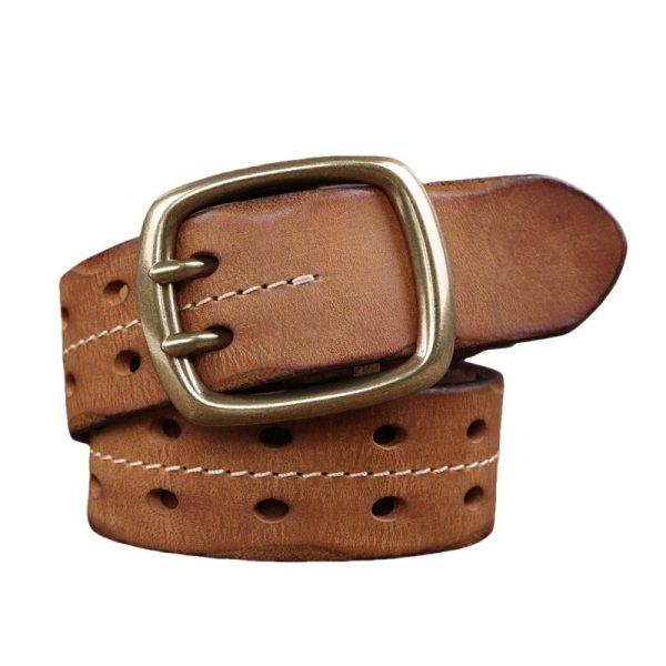 Retro Personalized Double Needle Brass Buckle First Layer Cowhide Stitching Men's Leather Belt - Image 5