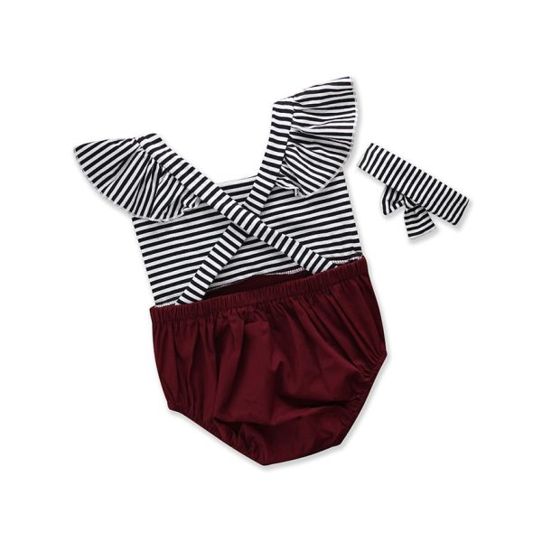 Girls Flying Sleeve Striped Romper + Headband Set - Image 2