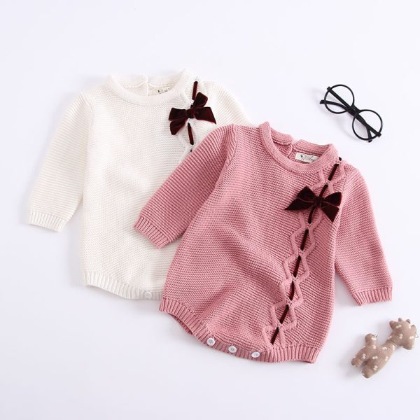 Baby knitted Bow-tie Long-sleeved Jumpsuit