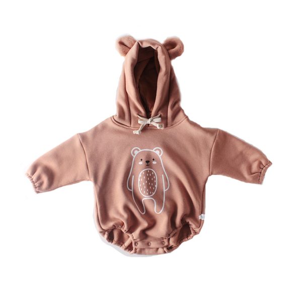 Cartoon Big Bear Print Long Sleeved Hooded Jumpsuit - Image 4