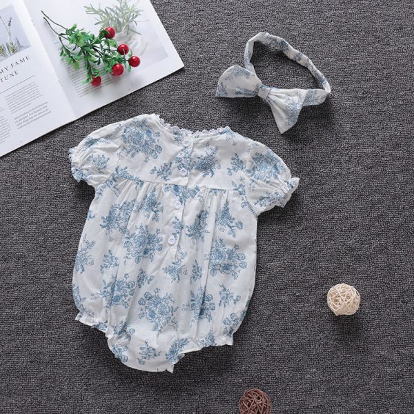 Short-sleeved Hand-painted Blue Flower Retro Cute Romper - Image 2