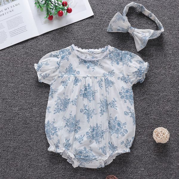 Short-sleeved Hand-painted Blue Flower Retro Cute Romper - Image 3