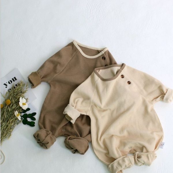 Infant Boys And Girls Waffle Comfortable And Simple One-Piece Baby Long-Sleeved Romper Romper - Image 4