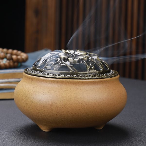 Copper Lid Ceramic Incense Burner Buddha with Antique Alloy Wire Incense Burner - Image 2