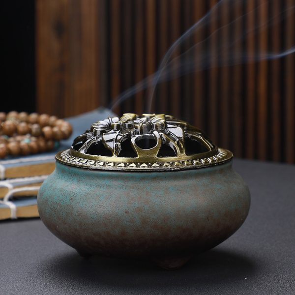 Copper Lid Ceramic Incense Burner Buddha with Antique Alloy Wire Incense Burner - Image 7