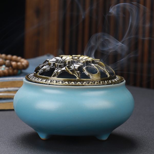 Copper Lid Ceramic Incense Burner Buddha with Antique Alloy Wire Incense Burner - Image 9