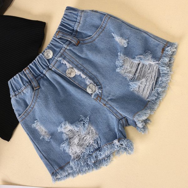 Children'S Clothing Cotton Dot Mesh Sleeves Striped Top Ripped Denim Shorts Kids Suit - Image 2