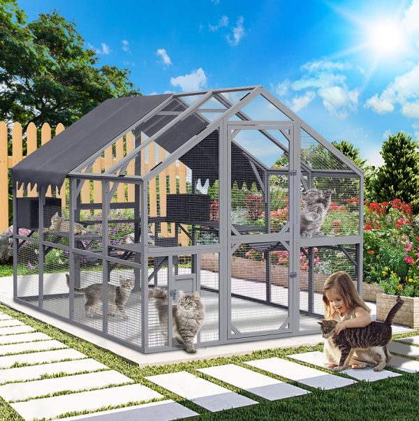 Outdoor Cat House Cat Fence, Upgraded Waterproof Cover - Gray - Image 6