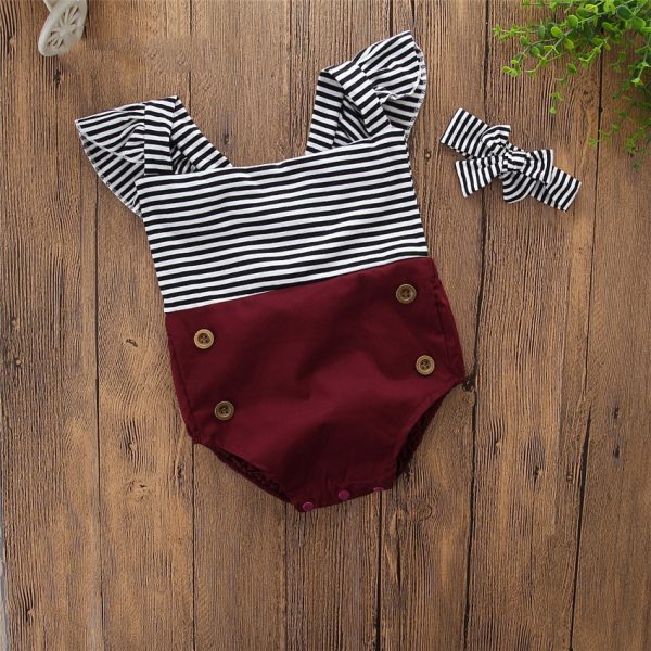 Girls Flying Sleeve Striped Romper + Headband Set - Image 5