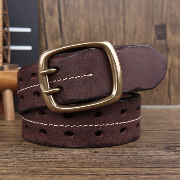 Retro Personalized Double Needle Brass Buckle First Layer Cowhide Stitching Men's Leather Belt - Image 7