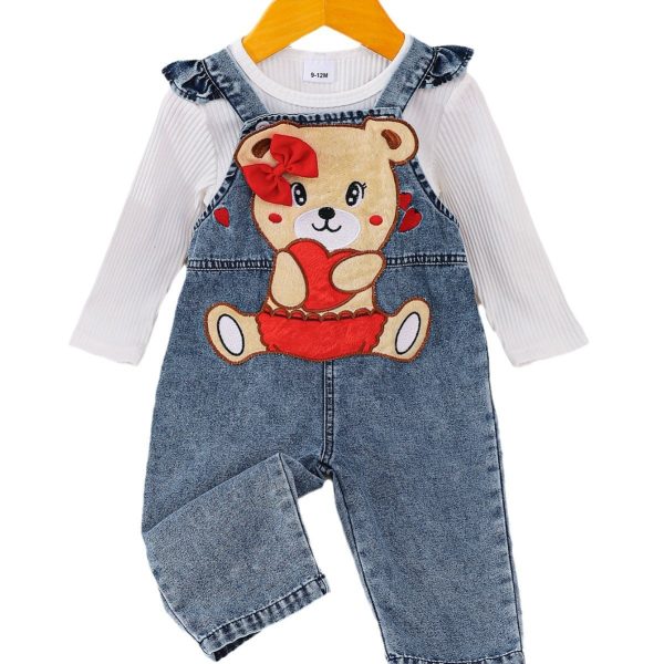 Children's Cute Bear Embroidered Denim Suspender Pants Suit - Image 5