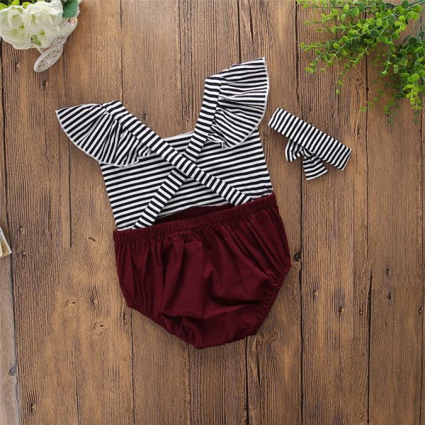 Girls Flying Sleeve Striped Romper + Headband Set - Image 4