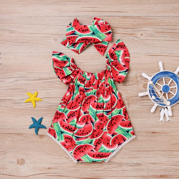 Watermelon Romper Set Red Watermelon Printed Lace Baby Climbing Suit - Image 3