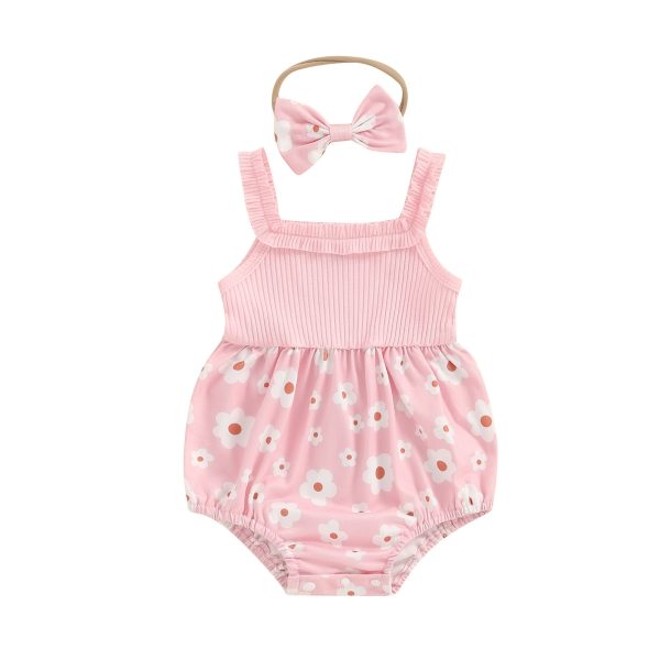 Baby Girl Sunken Stripe Sling Small Floral Print Crawling Suit - Image 2