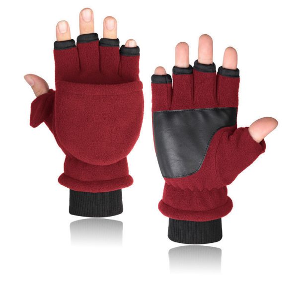 Double-layer Velvet Gloves Flip Touch Screen Half Finger Gloves - Image 3