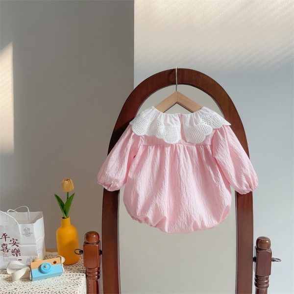 Newborn Hollow Out Lace Collar Long Sleeve Onesie - Image 4