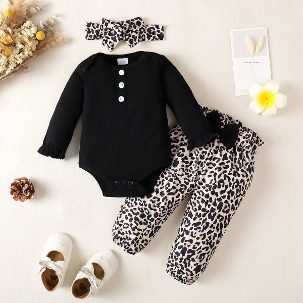 Infant Cotton Long-sleeved Tight Romper Plus Leopard Patterned Pants - Image 2