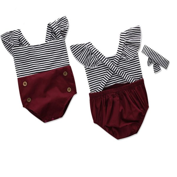 Girls Flying Sleeve Striped Romper + Headband Set - Image 3