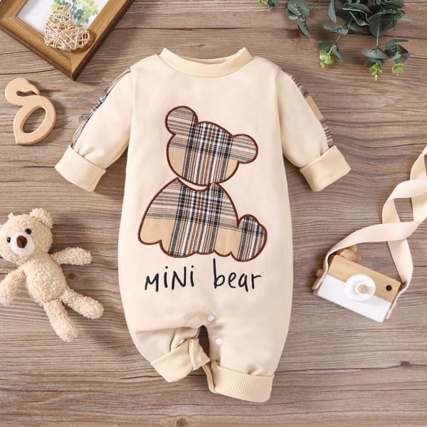 Plaid Patch Bear Long Sleeve Adjustable Overalls - Image 6