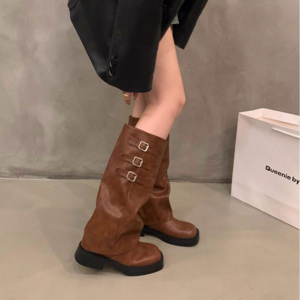 Women's Thick-soled Retro Pantyhose Long Biker Boots Shoes - Image 4