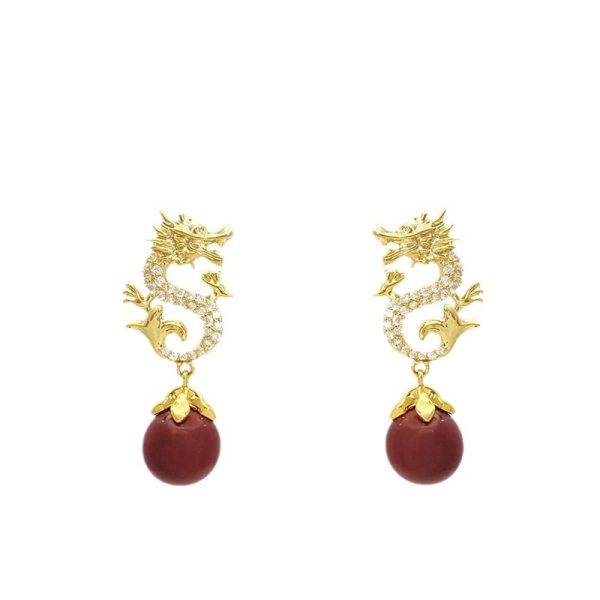 Chinese Style Festive New Year Red Beads Zodiac Dragon Stud Earrings - Image 5