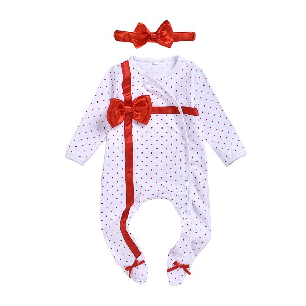 Infant Polka Dot Bowknot Long Romper Headdress Romper