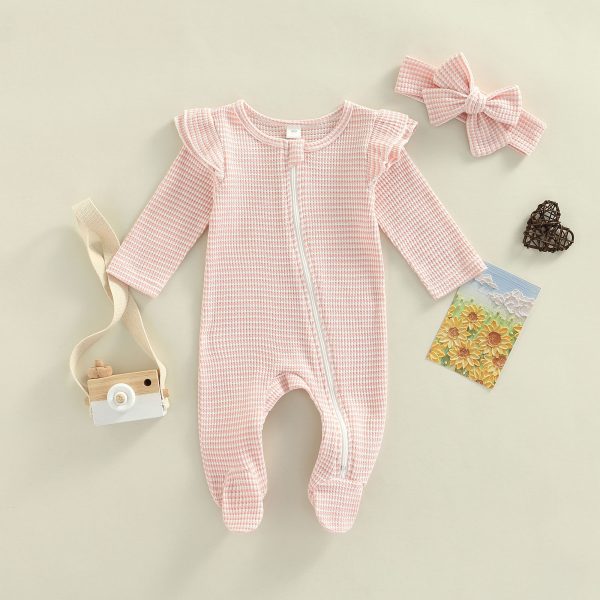 Baby Bodysuit With Fly Sleeves Solid Colour Zip - Image 4