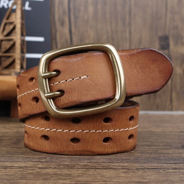 Retro Personalized Double Needle Brass Buckle First Layer Cowhide Stitching Men's Leather Belt - Image 8