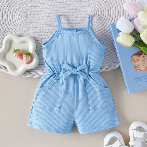 Girls' Bow Suspenders Sunken Stripe Solid Color Jumpsuit - Image 3