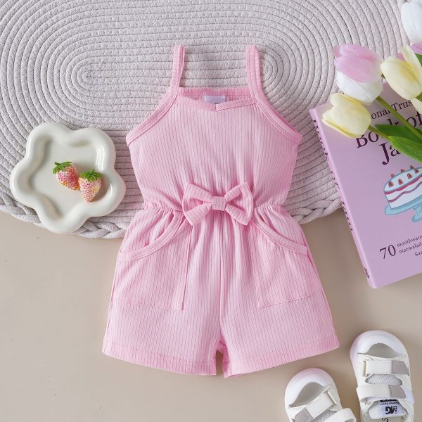 Girls' Bow Suspenders Sunken Stripe Solid Color Jumpsuit - Image 2