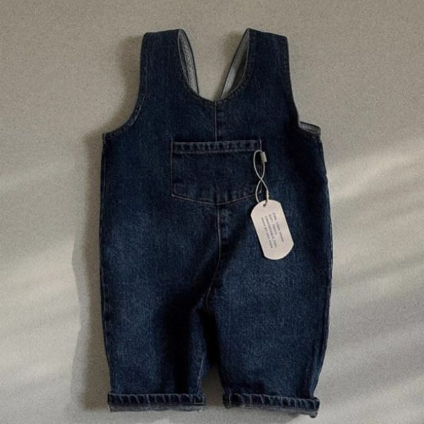 Korean Style Denim Blue Solid Color Pocket Siamese Suspender Trousers For Boys And Girls - Image 4