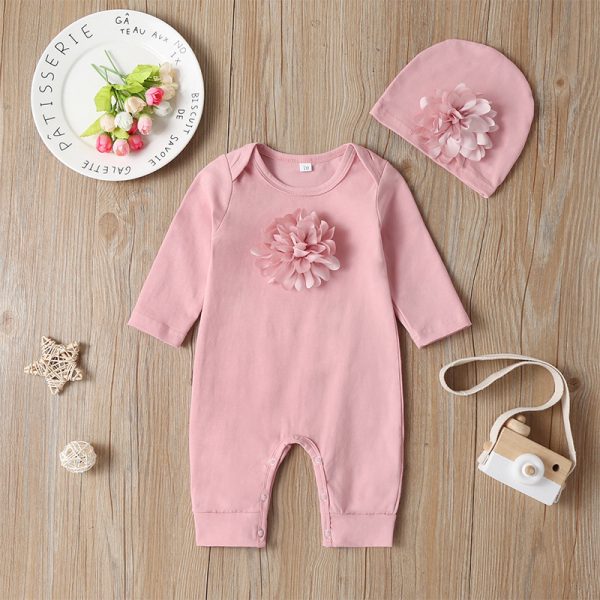 Long-sleeved Solid Color Floral Baby Jumpsuit - Image 3