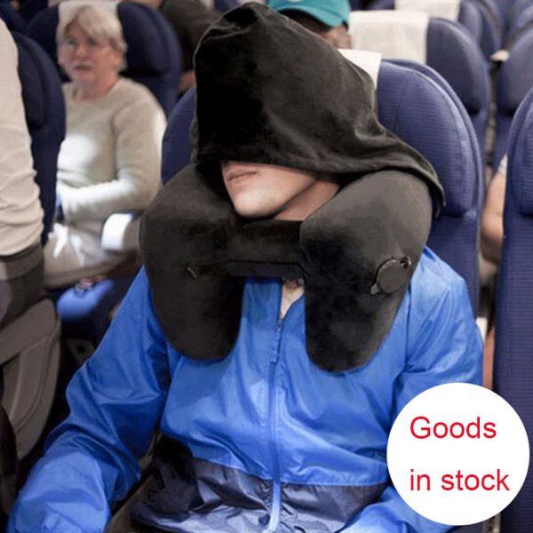 Hooded Travel Pillow H Shaped Inflatable Neck Pillow Folding Lightweight Nap Car Seat Office Airplane Sleeping Cushion Pillows - Image 2