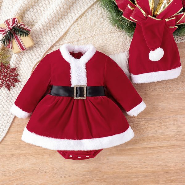 Christmas Pleuche Long Sleeve Stitching Furry Skirt Belt Hat Bottom-covering Rompers