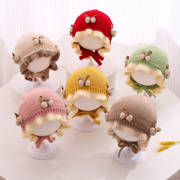 Autumn And Winter Knitted Hat Cute Princess Flower Beanie Baby Girl Warm Lace Up Wool Earmuffs Hat - Image 2