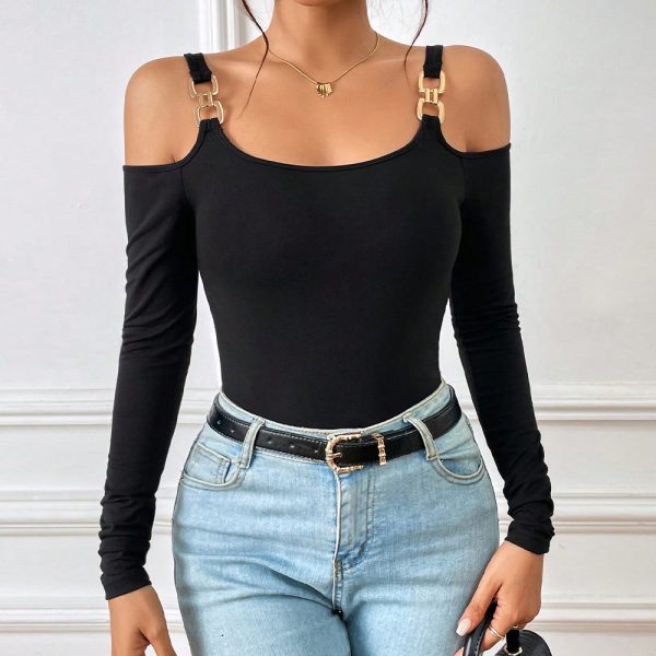 Women's Spring And Summer Fashion Simple Suspender Off-Shoulder Metal Hook Long-Sleeved Sexy Top - Image 2