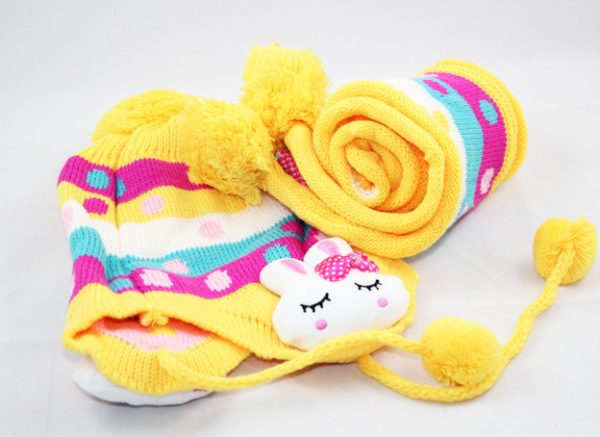 Baby Hat Double Rabbit Ear Protection With Scarf Set Woolen Hat