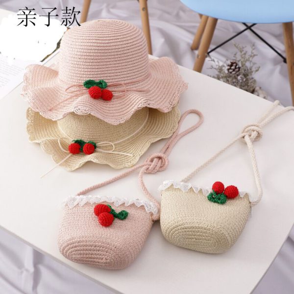 Girl Cherry Straw Hat Bag Set Princess Hat Beach Hat Sun Hat - Image 2