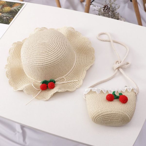 Girl Cherry Straw Hat Bag Set Princess Hat Beach Hat Sun Hat - Image 6