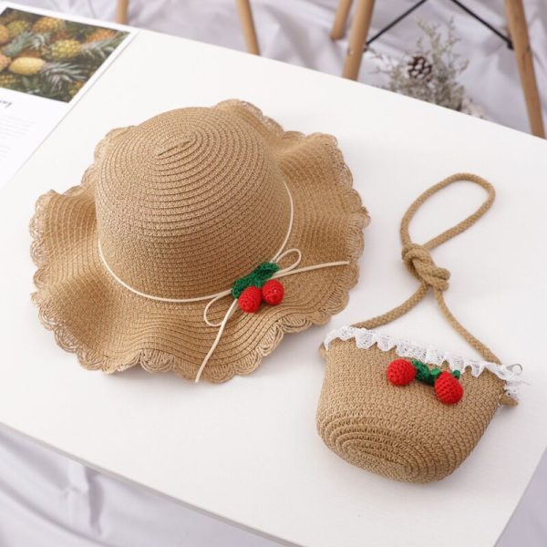 Girl Cherry Straw Hat Bag Set Princess Hat Beach Hat Sun Hat - Image 4