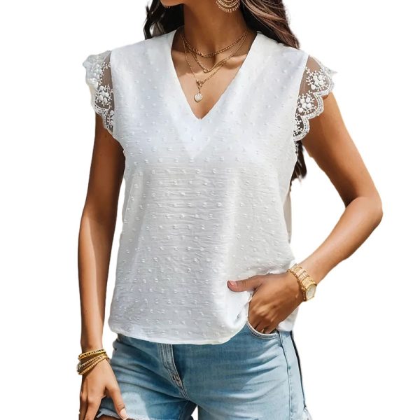 Fur Ball Lace V-neck Patchwork White Top For Women - Image 5