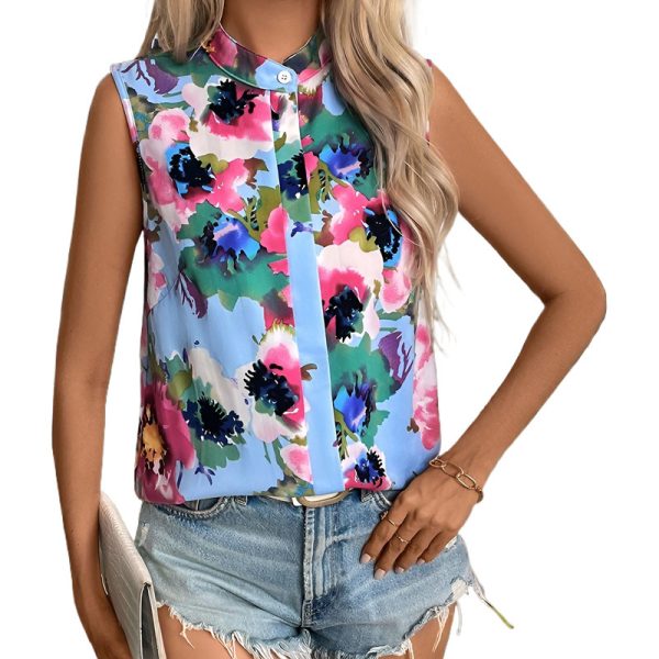 Stand Collar Sleeveless Pullover Print Blue Shirt - Image 5