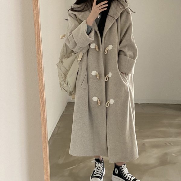 Temperament Horn Button Hooded Woolen Coat Women - Image 2