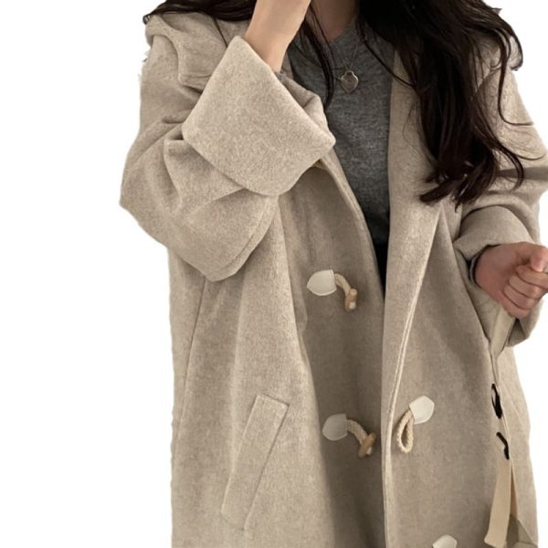 Temperament Horn Button Hooded Woolen Coat Women - Image 5