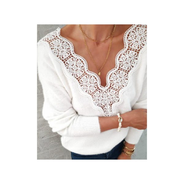 Lace V-neck Sweater White Warm Top - Image 5