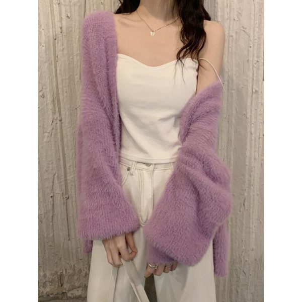 Spring And Autumn Mink-like Wool White Knitted Fabric Cardigan For Women - Image 5