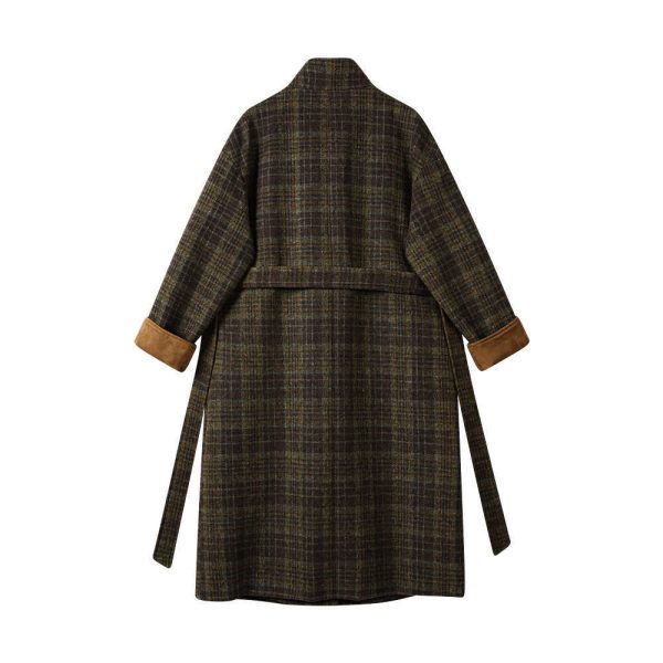 Cotton Padded Thickened Long Retro Stand Collar Checked Woolen Coat Women - Image 4