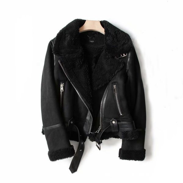 WInter Lapel Jacket Suede Lamb Wool Warm Coat Motorcycle Clothing Women Outwears - Image 3