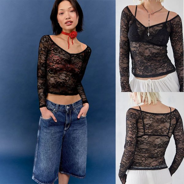 Women's Top Lace See-through V-neck