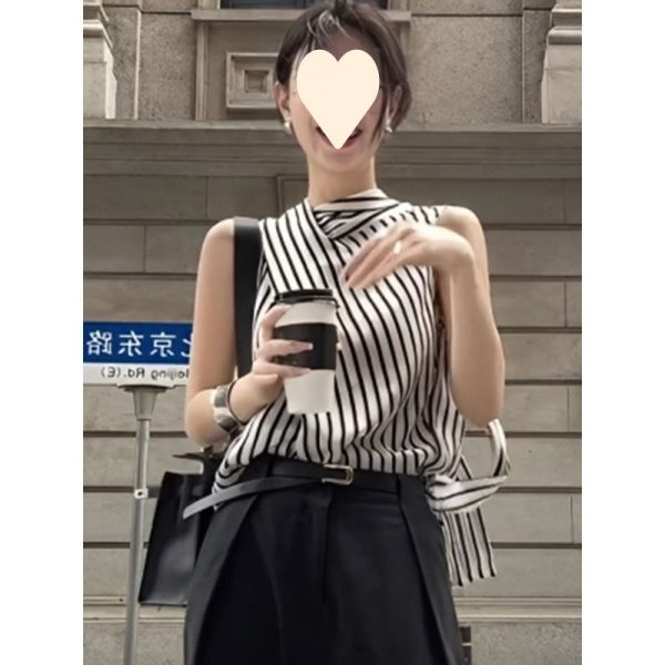 French Entry Lux Sleeveless Striped Shirt For Women - Image 2